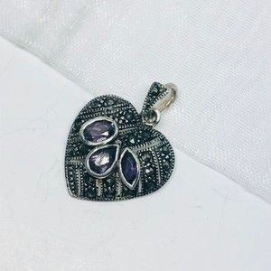 Vintage Sterling Silver Marcasite Amethyst Heart Pendant